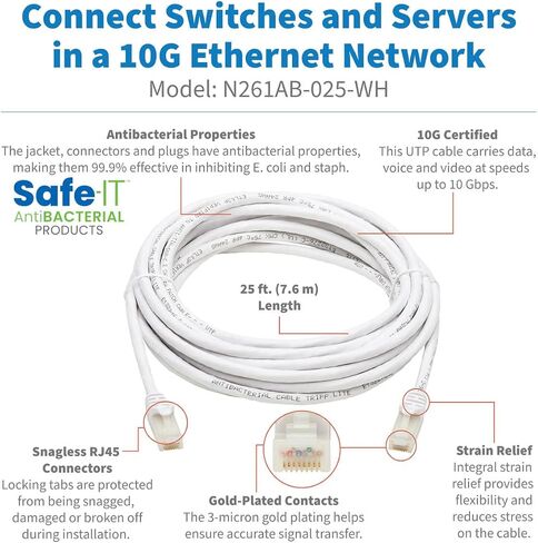 Tripp Lite, Safe-IT, Cat6a Ethernet Cable, 10G Certified Snagless, UTP (RJ45 M/M), White, 25 Feet / 7.6 Meters, Manufacturer's Warranty (N261AB-025-WH) in Saudi Arabia