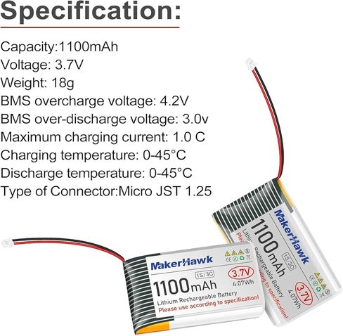 MakerHawk 3.7V 1100mAh LiPo Battery 102540 Rechargeable 1S Lithium Polymer Battery with Protection Board Insulated Rubber Tape, Micro JST 1.25 Plug for Arduino ESP32 Development Board (4 Pack) in Kuwait