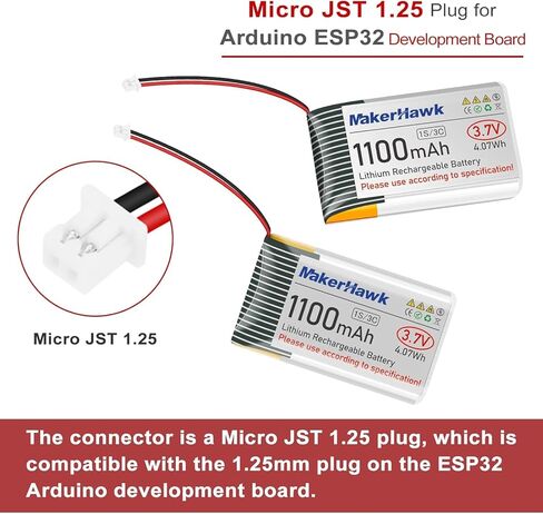 MakerHawk 3.7V 1100mAh LiPo Battery 102540 Rechargeable 1S Lithium Polymer Battery with Protection Board Insulated Rubber Tape, Micro JST 1.25 Plug for Arduino ESP32 Development Board (4 Pack) in Kuwait
