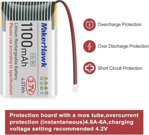 MakerHawk 3.7V 1100mAh LiPo Battery 102540 Rechargeable 1S Lithium Polymer Battery with Protection Board Insulated Rubber Tape, Micro JST 1.25 Plug for Arduino ESP32 Development Board (4 Pack) in Kuwait