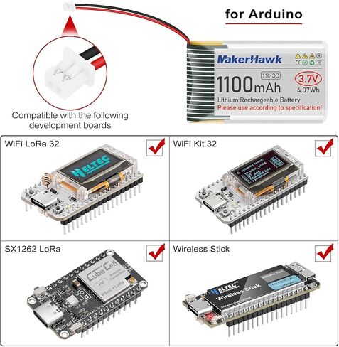 MakerHawk 3.7V 1100mAh LiPo Battery 102540 Rechargeable 1S Lithium Polymer Battery with Protection Board Insulated Rubber Tape, Micro JST 1.25 Plug for Arduino ESP32 Development Board (4 Pack) in Kuwait