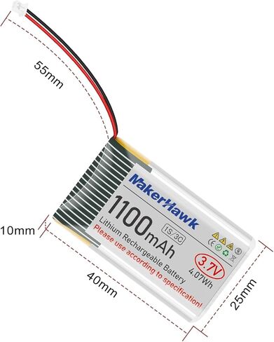 MakerHawk 3.7V 1100mAh LiPo Battery 102540 Rechargeable 1S Lithium Polymer Battery with Protection Board Insulated Rubber Tape, Micro JST 1.25 Plug for Arduino ESP32 Development Board (4 Pack) in Kuwait
