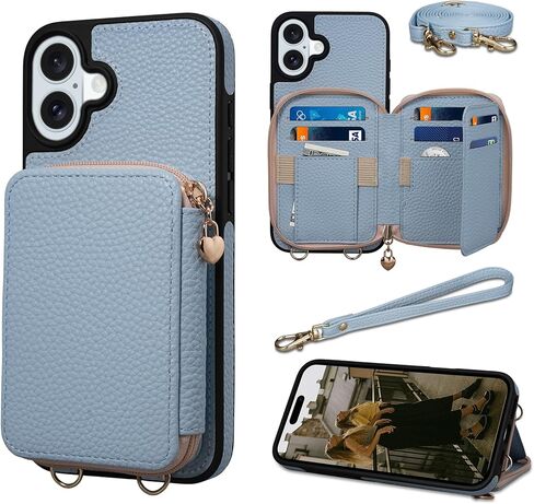 Keallce Case for iPhone 16 Plus 6.7'' Wallet, Crossbody Zipper Purse with RFID Blocking Card Slots Kickstand, Detachable Lanyard & Handstrap Flip Folio Leather iPhone Cover for iPhone 16 Plus, Blue in Kuwait