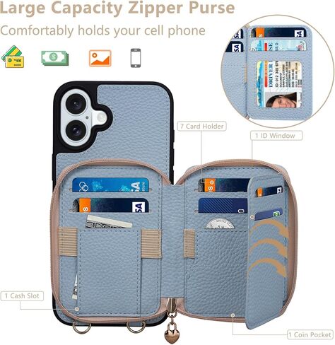 Keallce Case for iPhone 16 Plus 6.7'' Wallet, Crossbody Zipper Purse with RFID Blocking Card Slots Kickstand, Detachable Lanyard & Handstrap Flip Folio Leather iPhone Cover for iPhone 16 Plus, Blue in Kuwait