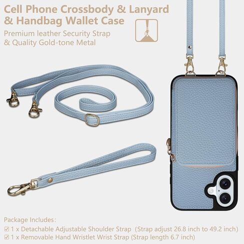 Keallce Case for iPhone 16 Plus 6.7'' Wallet, Crossbody Zipper Purse with RFID Blocking Card Slots Kickstand, Detachable Lanyard & Handstrap Flip Folio Leather iPhone Cover for iPhone 16 Plus, Blue in Kuwait