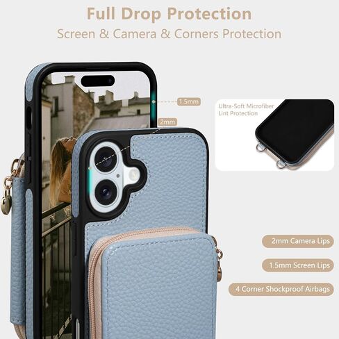 Keallce Case for iPhone 16 Plus 6.7'' Wallet, Crossbody Zipper Purse with RFID Blocking Card Slots Kickstand, Detachable Lanyard & Handstrap Flip Folio Leather iPhone Cover for iPhone 16 Plus, Blue in Kuwait