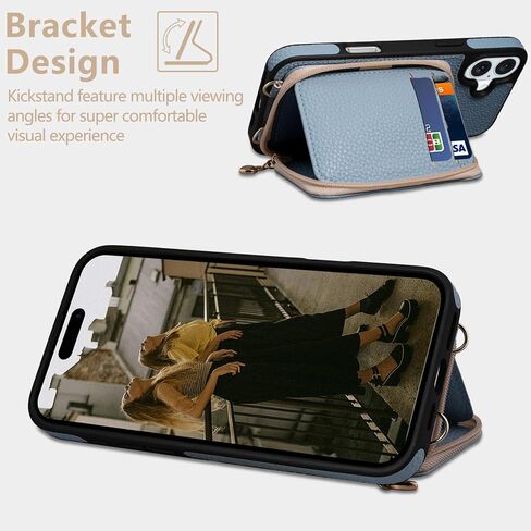 Keallce Case for iPhone 16 Plus 6.7'' Wallet, Crossbody Zipper Purse with RFID Blocking Card Slots Kickstand, Detachable Lanyard & Handstrap Flip Folio Leather iPhone Cover for iPhone 16 Plus, Blue in Kuwait