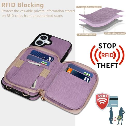 Keallce Case for iPhone 16 Plus 6.7'' Wallet, Crossbody Zipper Purse with RFID Blocking Card Slots Kickstand, Detachable Lanyard & Handstrap Flip Folio Leather iPhone Cover for iPhone 16 Plus, Blue in Kuwait