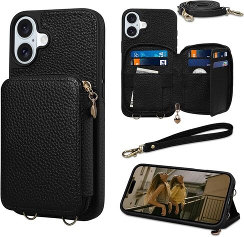Keallce Case for iPhone 16 Plus 6.7'' Wallet, Crossbody Zipper Purse with RFID Blocking Card Slots Kickstand, Detachable Lanyard & Handstrap Flip Folio Leather iPhone Cover for iPhone 16 Plus, Blue in Kuwait