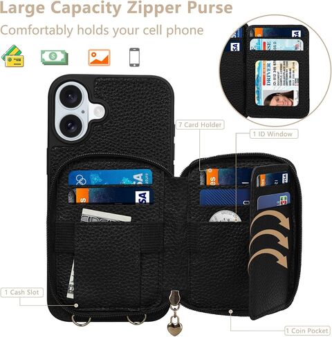 Keallce Case for iPhone 16 Plus 6.7'' Wallet, Crossbody Zipper Purse with RFID Blocking Card Slots Kickstand, Detachable Lanyard & Handstrap Flip Folio Leather iPhone Cover for iPhone 16 Plus, Blue in Kuwait