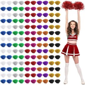 Jerify 150 Pcs Cheerleading Pom Poms Metallic Foil Cheerleader Pom Poms with Baton Handle Plastic Cheer Pompom Cheering Hand Flowers for Game Sports Squads Dance Party Football Basketball (Colorful)