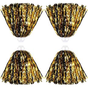 Thenshop Cheerleading Pom Poms 4 Pack Cheerleader Squad Spirited Fun Pompoms Pom Poms Cheer Poms Hand Flowers Metallic Foil Pompoms for Adults Sports Team Spirit Cheering Party(Black and Gold)