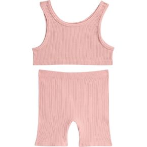 Girls' Active Shorts Set - 2 Piece Seamless Ribbed Crop Tank Top Bralette with Bike Shorts - Activewear for Girls (7-14)