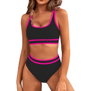 BMJL Women's High Waisted Bikini Sets Sporty Two Piece Swimsuits Color Block Cheeky High Cut Bathing Suits