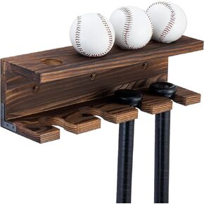 MyGift Solid Burnt Wood Baseball Bat Holder and Ball Display Shelf, Wall Mounted Sports Memorabilia and Collectibles Floating Shelf