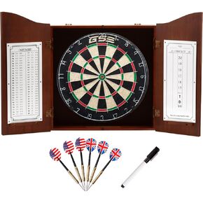 GSE Professional Solid Wood Classic Dartboard Cabinet with Sisal/Bristle Dartboard, Dart Scoreboard, and 6 Steel Tip Darts, Easy Assembly Complete with All Accessories (Black)