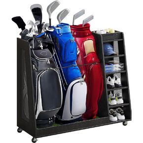 DWVO Golf Bag Organizer for Garage, Wooden Golf Bag Stand Holder with Wheels, Golf Storage Organizer for Golf Bags, Clubs, Balls and Other Equipment Accessories, 2 or 3 Golf Bags Storage for Selected