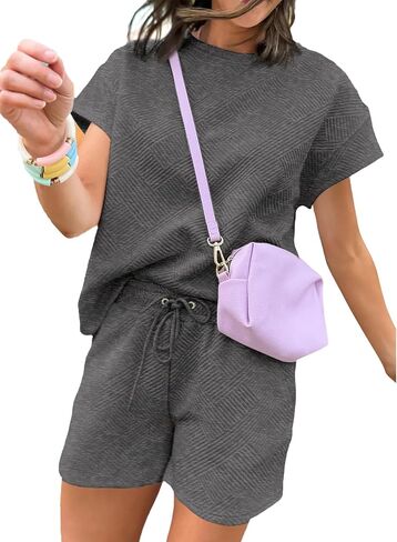 Dokotoo Women's 2 Piece Outfits Sweatsuit Casual Short Sleeve Pullover Tops and Drawstring Shorts Pants Lounge Sets in Saudi Arabia