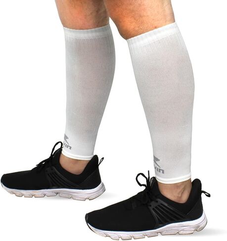أكمام مضغوطة صلبة من Muvin للرجال والنساء - الجري، الرياضة - جبائر الساق، آلام الساق، تخفيف آلام العضلات (M، أبيض) in Kuwait