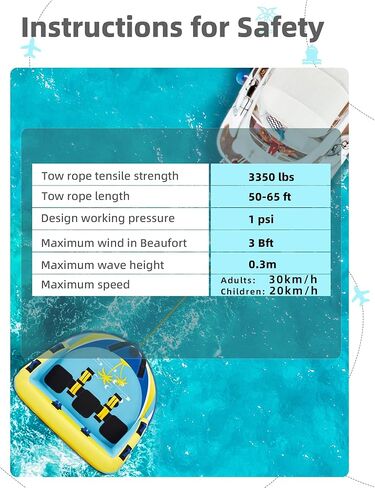 أنبوب قابل للقطر 3 أشخاص للقوارب، ألعاب رياضية مائية قابلة للنفخ للقوارب لسحب 1-3 راكب، أنبوب قارب على شكل أريكة مع نقاط سحب أمامية وخلفية مزدوجة، بما في ذلك حبل سحب من النايلون ومضخة هواء in Kuwait