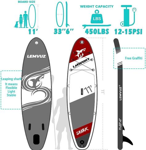 11Ft Inflatable Stand Up Paddle Board,11'×33"×6" Paddle Board with Premium SUP Accessories and Backpack,3 Surf Control Fins,Adjustable Paddle Leash,Hand Pump,Paddle Boards for Adults in Saudi Arabia