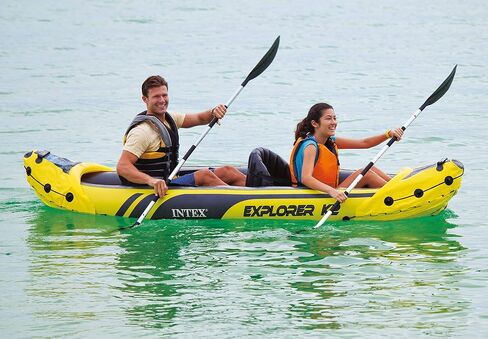 Intex Explorer K2 2 Person Inflatable Kayak Set w/Inflatable Seats and Backrest, Aluminum Oars, Repair Patch, Bag Carry and Air Pump (2 Pack), Yellow in Saudi Arabia