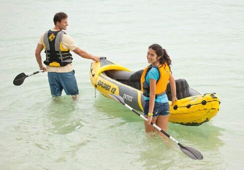 Intex Explorer K2 2 Person Inflatable Kayak Set w/Inflatable Seats and Backrest, Aluminum Oars, Repair Patch, Bag Carry and Air Pump (2 Pack), Yellow in Saudi Arabia