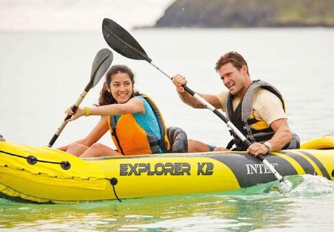 Intex Explorer K2 2 Person Inflatable Kayak Set w/Inflatable Seats and Backrest, Aluminum Oars, Repair Patch, Bag Carry and Air Pump (2 Pack), Yellow in Saudi Arabia