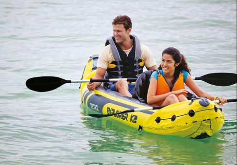 Intex Explorer K2 2 Person Inflatable Kayak Set w/Inflatable Seats and Backrest, Aluminum Oars, Repair Patch, Bag Carry and Air Pump (2 Pack), Yellow in Saudi Arabia