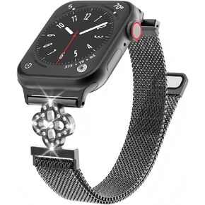 Thin Mesh Loop Compatible with Apple Watch Bands for Women 40mm 41mm 38mm 42mm Series 10 9 8 7 6 5 4 3 2 1 SE, Metal Stainless Steel Magnetic Strap with Clover Diamond Clasp for iWatch Bands in Saudi Arabia