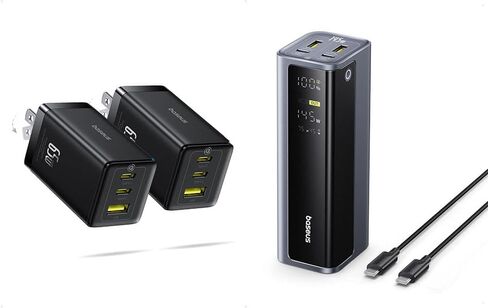 BASEUS 2 Pack 65W USB C Charger Block Bundle مع BANK POWER BANK المحمول ، 20800MAH 145W شاحن محمول USB C مع 4 منافذ ، شاشة رقمية in Kuwait