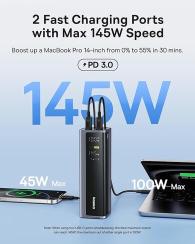 BASEUS 2 Pack 65W USB C Charger Block Bundle مع BANK POWER BANK المحمول ، 20800MAH 145W شاحن محمول USB C مع 4 منافذ ، شاشة رقمية in Kuwait