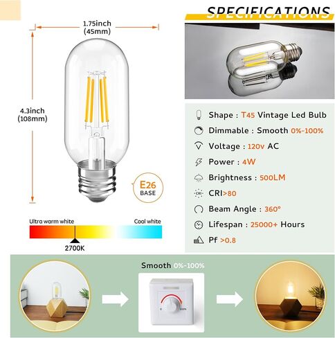لمبة LED أنبوبية قابلة للتعتيم E26 لمبة إضاءة LED، مصابيح T10 T30 LED عتيقة، 40 واط تساوي 4W، 2700K مصابيح إديسون للضوء الأبيض الدافئ، AC120V، 400lm، لأضواء قلادة الثريا - عبوتان in Saudi Arabia