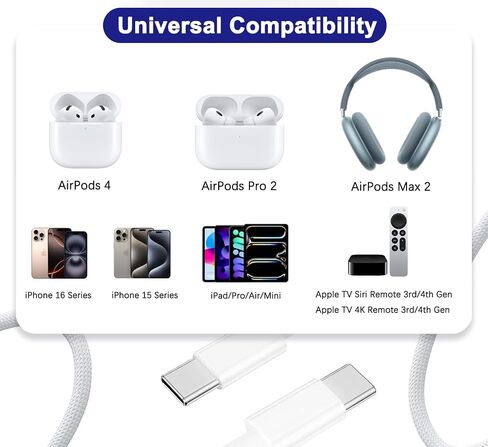 10FT AirPods 4 Charger Fast Charging USB C Wall Block Plug&10Foot USB C to C Woven Cable for AirPods 4,Air-Pods Pro 2,Air-Pods Max 2 (2024),TV Remote 3/4th,TV 4K/Siri Remote 3,iPhone 16/15,Pro Max in Kuwait
