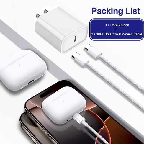 10FT AirPods 4 Charger Fast Charging USB C Wall Block Plug&10Foot USB C to C Woven Cable for AirPods 4,Air-Pods Pro 2,Air-Pods Max 2 (2024),TV Remote 3/4th,TV 4K/Siri Remote 3,iPhone 16/15,Pro Max in Kuwait