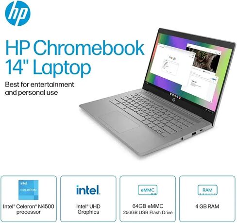 HP 14 بوصة الطالب و Business Chromebook الكمبيوتر المحمول | معالج Intel Celeron | Intel UHD Graphics | 4 جيجابايت ذاكرة الوصول العشوائي ، 128 إجمالي التخزين (64 جيجابايت eMMC على متنها مع 64 جيجابايت USB خارجي) | wifi 6 | الأذن اللاسلكية in Saudi Arabia