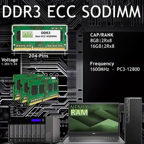 NEMIX RAM 8GB (1x8GB) DDR3 1600MHz PC3-12800 2RX8 1.35V 203-PIN ECC SODIMM متوافق مع ذاكرة Supermicro MEM-DR380L-SL02-ES16 ECC in Kuwait