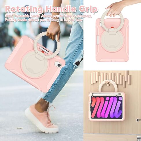 CASE BATYUE لـ iPad Mini 7 (A17 PRO) 2024/ MINI 6 8.3 '' 2021 ، حقيبة حماية كاملة الصدمات للأطفال مع 360 درجة دوارة و 180 درجة قابلة للطي ، حامل وقلم رصاص | وردي مبتهج in Kuwait
