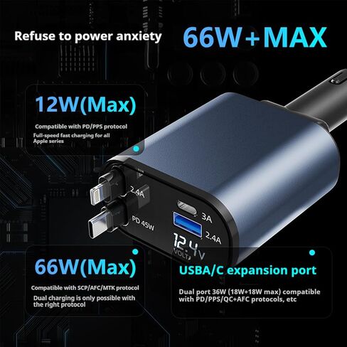 4 في 1 إكسسوارات سيارة شاحن سيارة قابلة للسحب 66W شاحن سريع للسيارة مع هدايا كبلات بيانات USB-C القابلة للسحب للرجال والنساء من أجل iPhone 16 15 14 13 、 iPad 、 Galaxy in Kuwait