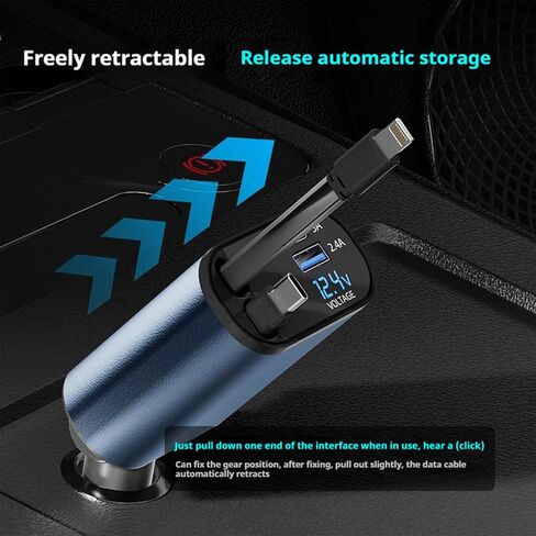 4 في 1 إكسسوارات سيارة شاحن سيارة قابلة للسحب 66W شاحن سريع للسيارة مع هدايا كبلات بيانات USB-C القابلة للسحب للرجال والنساء من أجل iPhone 16 15 14 13 、 iPad 、 Galaxy in Kuwait