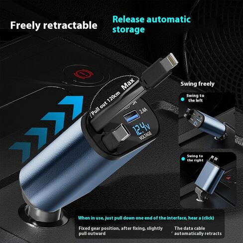 4 في 1 إكسسوارات سيارة شاحن سيارة قابلة للسحب 66W شاحن سريع للسيارة مع هدايا كبلات بيانات USB-C القابلة للسحب للرجال والنساء من أجل iPhone 16 15 14 13 、 iPad 、 Galaxy in Kuwait