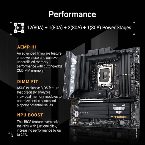 ASUS TUF Gaming B860M-Plus Intel Matx Motherboard ، 12+1+2+1 80A DRMOS POWER SCORES ، DDR5 ، PCIE 5.0 ، 3XM.2 SLOTS ، Realtek 2.5GB Ethernet ، DisplayPort ، HDMI ، USB 20GBPS Type-Cith DP ALTC in Kuwait