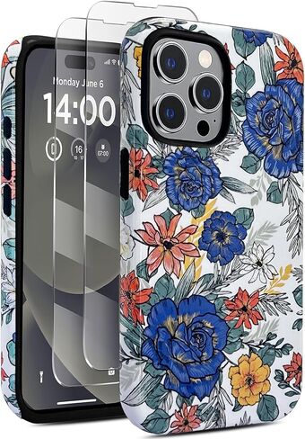 J.West متوافق مع iPhone 15 Pro Max Case 6.7 بوصة مع 2 حزمة شاشة زجاجية مقسّمة ، تغطية هجينة حيوانات طيبة للبنات للنساء الحالات الجمالية للهاتف in Kuwait