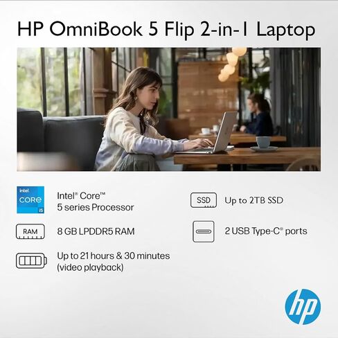 HP Omnibook 5 Flip 2-in-1 Laptop ، 14 "2K جهاز كمبيوتر محمول من شاشة اللمس 2K ، Intel 10-Core 5 120U ، 8GB LPDDR5 RAM • 512GB SSD • WI-FI 6E • Bluetooth 5.3 • Windows 11 Prondle with Microsoft Office 2021 in Kuwait