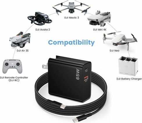 30W PD USB C Fast Charger for DJI Neo, Mini 4K, Mini 2 SE, Mini 4 Pro, Mini 3 Pro, Air 2S, Avata 2 Drones, Dual Port USB + Type C Wall Charger with 6ft C to C Charging Cable for DJI FPV Accessories in Kuwait