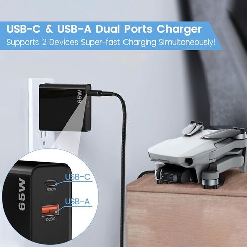 30W PD USB C Fast Charger for DJI Neo, Mini 4K, Mini 2 SE, Mini 4 Pro, Mini 3 Pro, Air 2S, Avata 2 Drones, Dual Port USB + Type C Wall Charger with 6ft C to C Charging Cable for DJI FPV Accessories in Kuwait