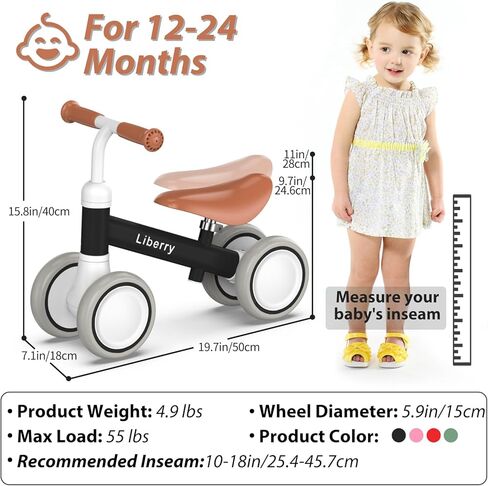 Liberry Baby Balance Bike for 1 Year Old Boys, 4 Wheels Toddler Balance Bike with Adjustable Seat, 12-24 Months Infant's First Birthday Gift (Black) in Kuwait