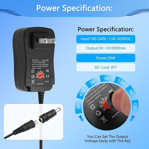 Cerrxian 24W Universal AC/DC محول الطاقة القابل للتعديل ، AC إلى DC 3V 4.5V 5V 6V 7.5V 9V 12V 2A ، مع 8 نصائح محول قابلة للاختيار و 5 فولت 2.1A منفذ USB ، للحصول in Kuwait