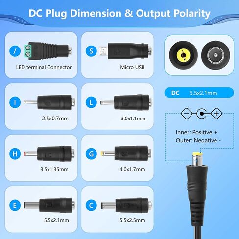 Cerrxian 24W Universal AC/DC محول الطاقة القابل للتعديل ، AC إلى DC 3V 4.5V 5V 6V 7.5V 9V 12V 2A ، مع 8 نصائح محول قابلة للاختيار و 5 فولت 2.1A منفذ USB ، للحصول in Kuwait