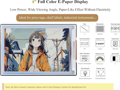 4inch E-Paper Display Spectra 6 (E6) شاشة E-ink كاملة الألوان متوافقة مع Raspberry PI 5/4B/3B+/Zero/Zero W/Zero 2W/PICO/PICO W/PICO 2/Jetson Nano ، 600 × 400 بكسل ، مع قبعة+ لوحة تشغيل قياسية. in Saudi Arabia